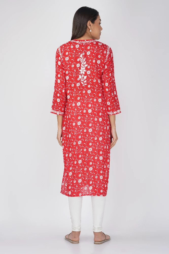 Red Malmal Cotton Chikankari Kurti-5.webp